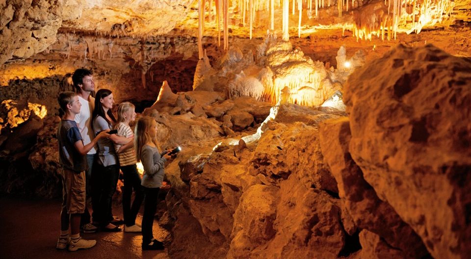 Family exploring underground Naracoorte Caves.