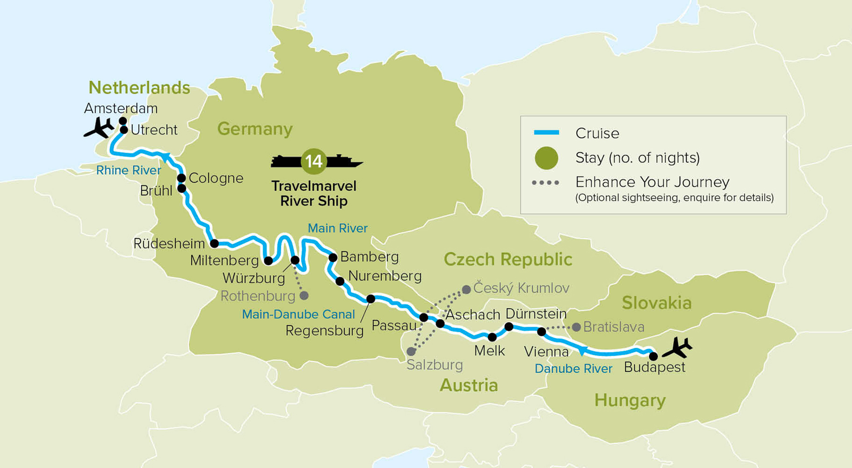 Map showing river cruise from Budapest to Amsterdam.