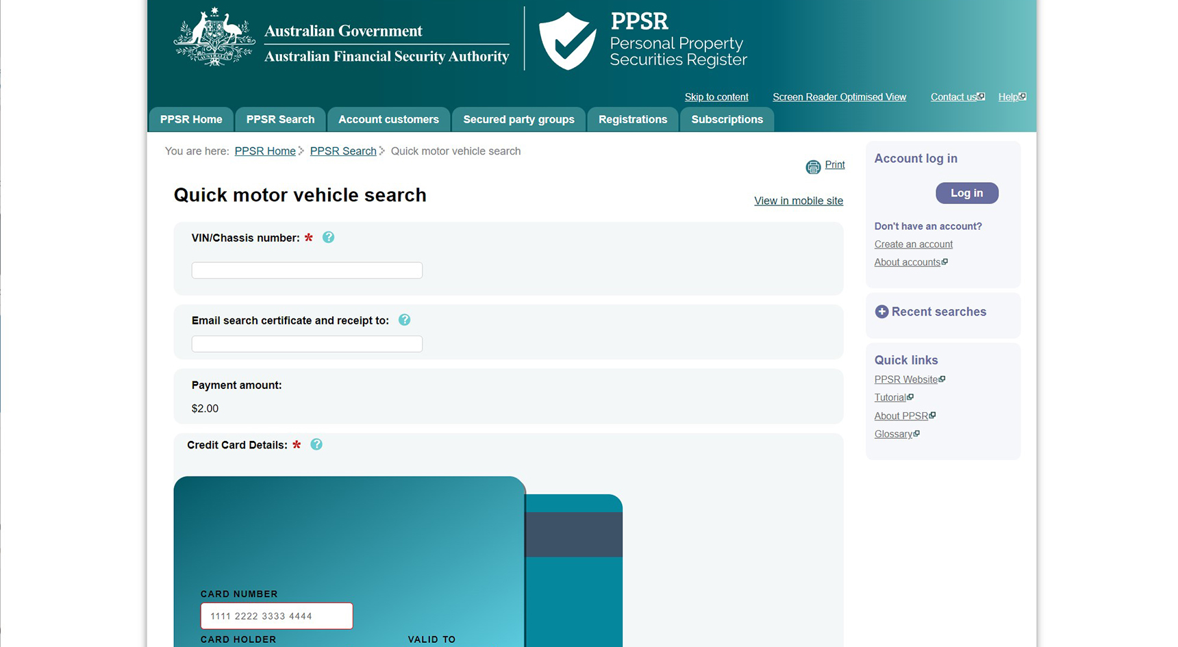 Screenshot of the Personal Properties Security Register website