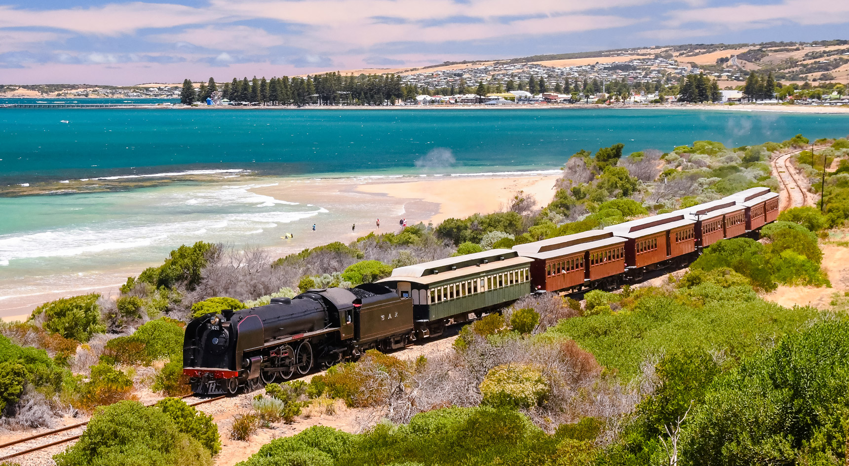 Steam train travelling along the South Australian coast