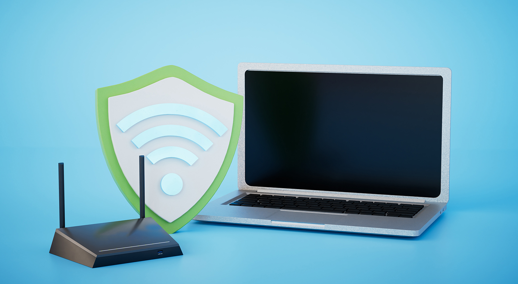 A router, a password protection icon and a laptop
