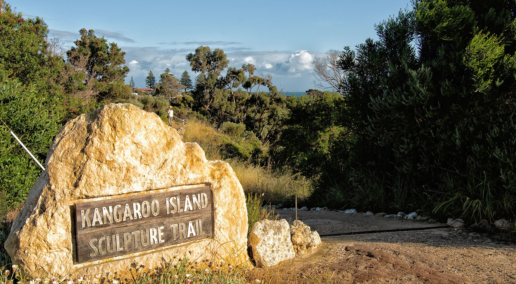 Kangaroo Island Sculpture Trail sign on a rock