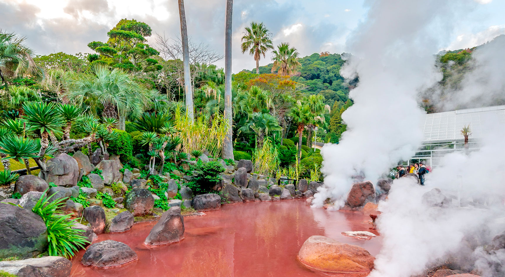 Bright pink steaming pool, Hells of Beppu