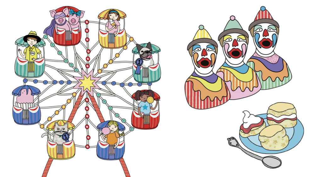 An illustration of the Ferris wheel at the Royal Adelaide show, laughing clowns and scones with jam and cream.