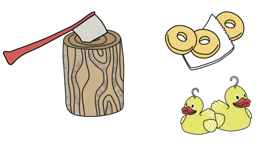 An illustration of an axe in a block of wood, doughnuts and ducks.