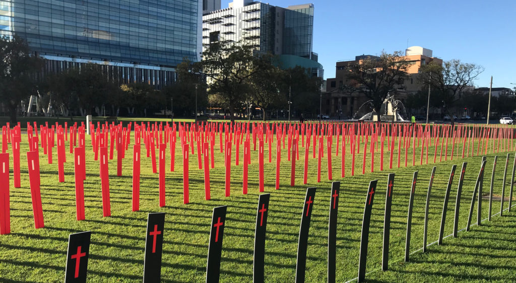 Road fatality markers in Victoria Square, Adelaide.