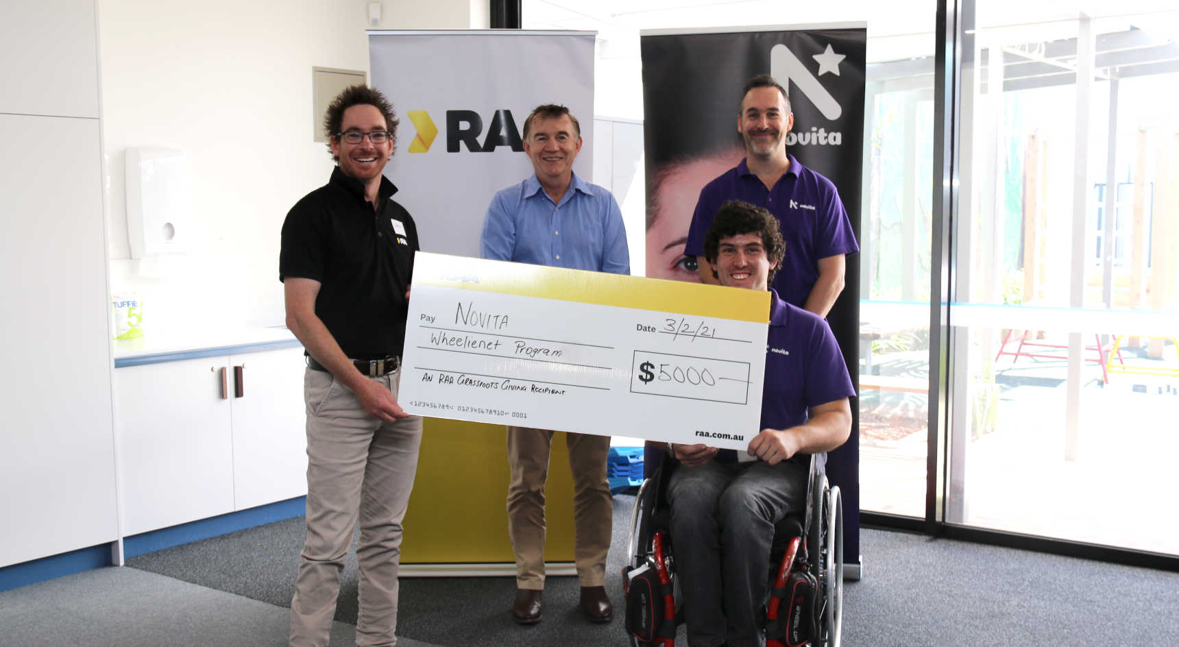 RAA presents the grant to Novita's Michael Neroni (front right) and Greg Ward (back left) and Tom Salerno (back right). Image: Novita 
