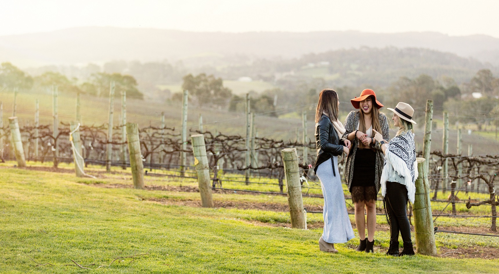 Three women talking amongst themselves in front of a vineyard in the Adelaide Hills.