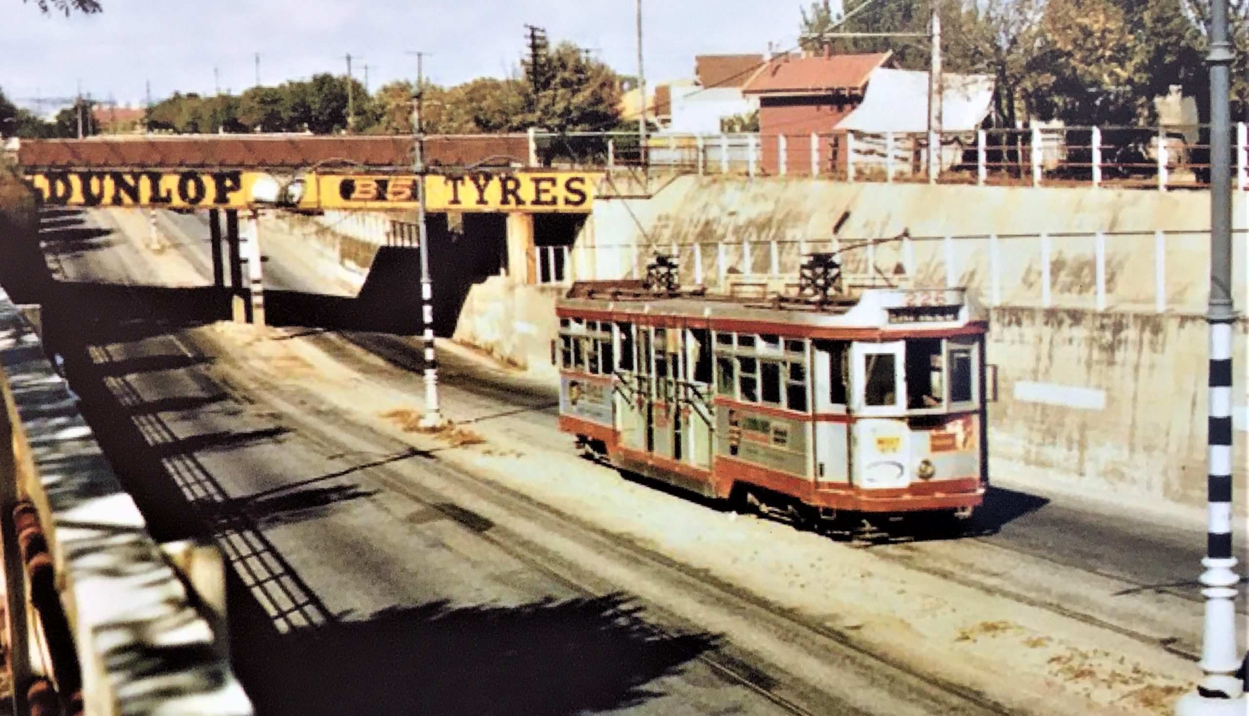 Type ‘F’ (Drop-centre) tram in the Millswood underpass, Goodwood Road. Image: Tramway Museum