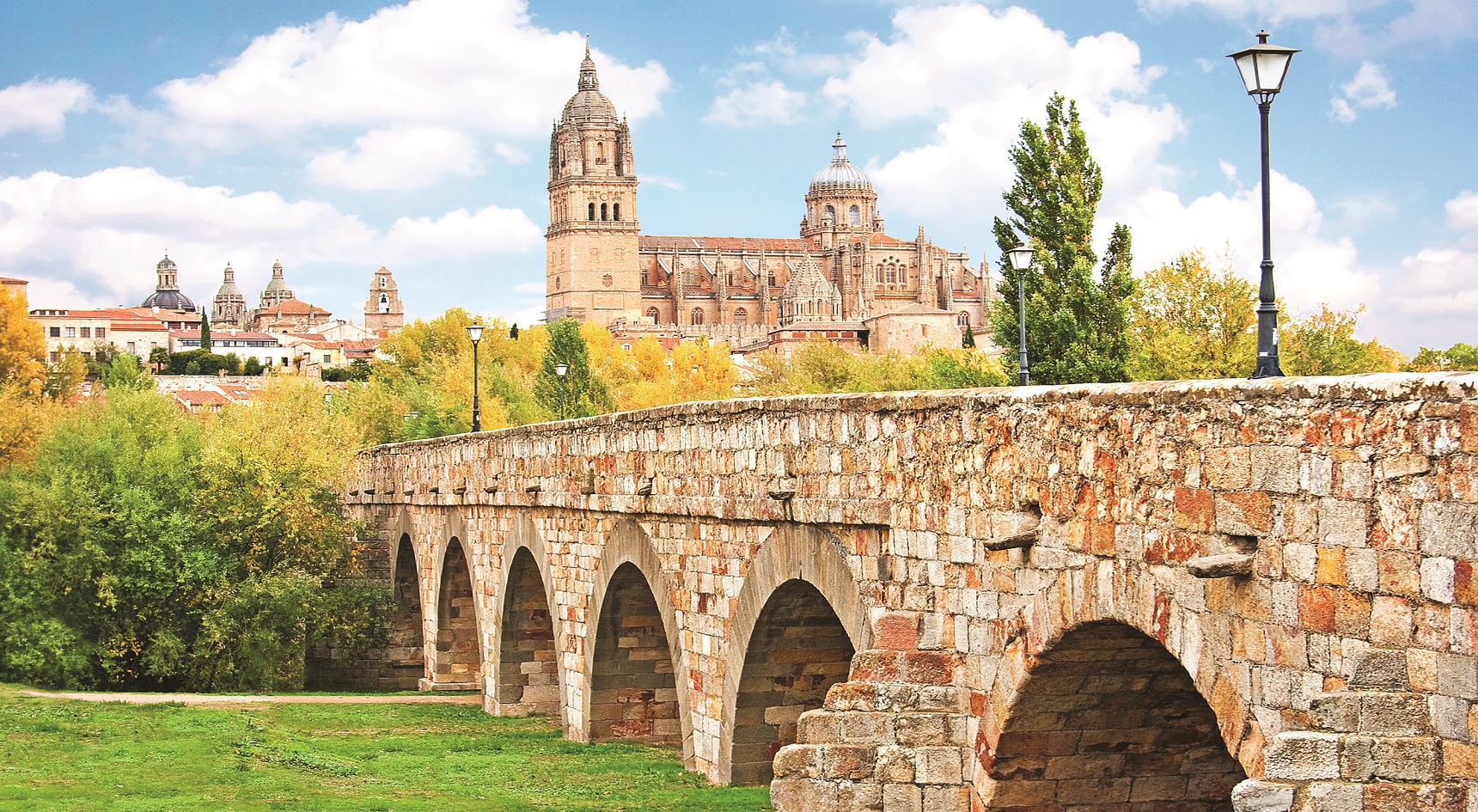 View of the historic city of Salamanca from the city's 389-yard-long bridge. 