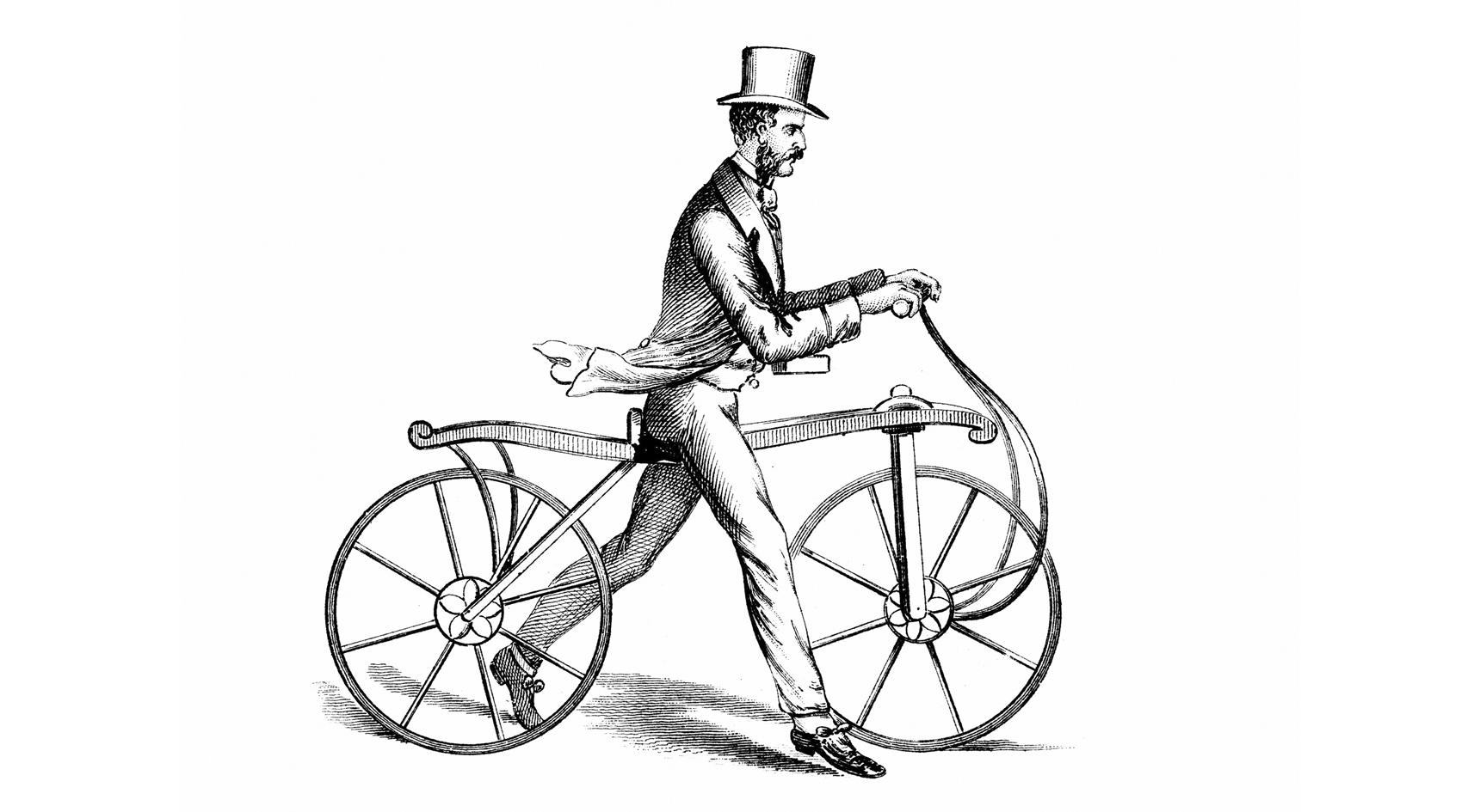 A drawing of a person riding the dandy horse.