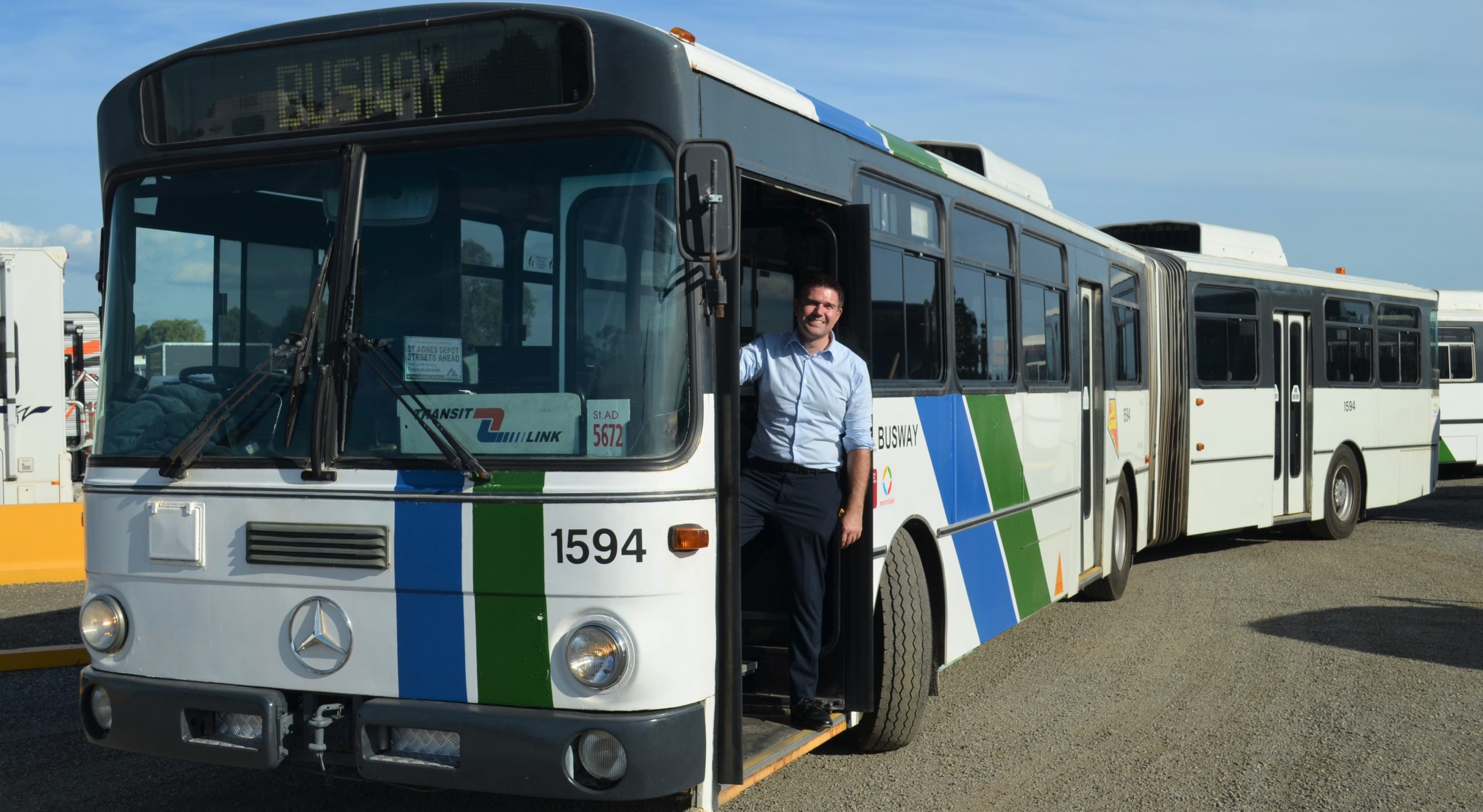Michael with his Mercedes Benz O305G articulated (bendy bus), 