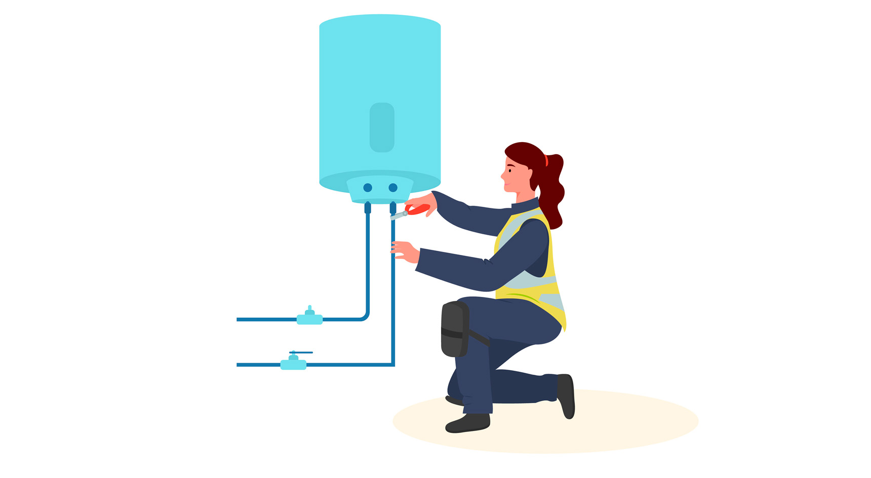 Illustration of female plumber inspecting a hot water service. Image: Getty.