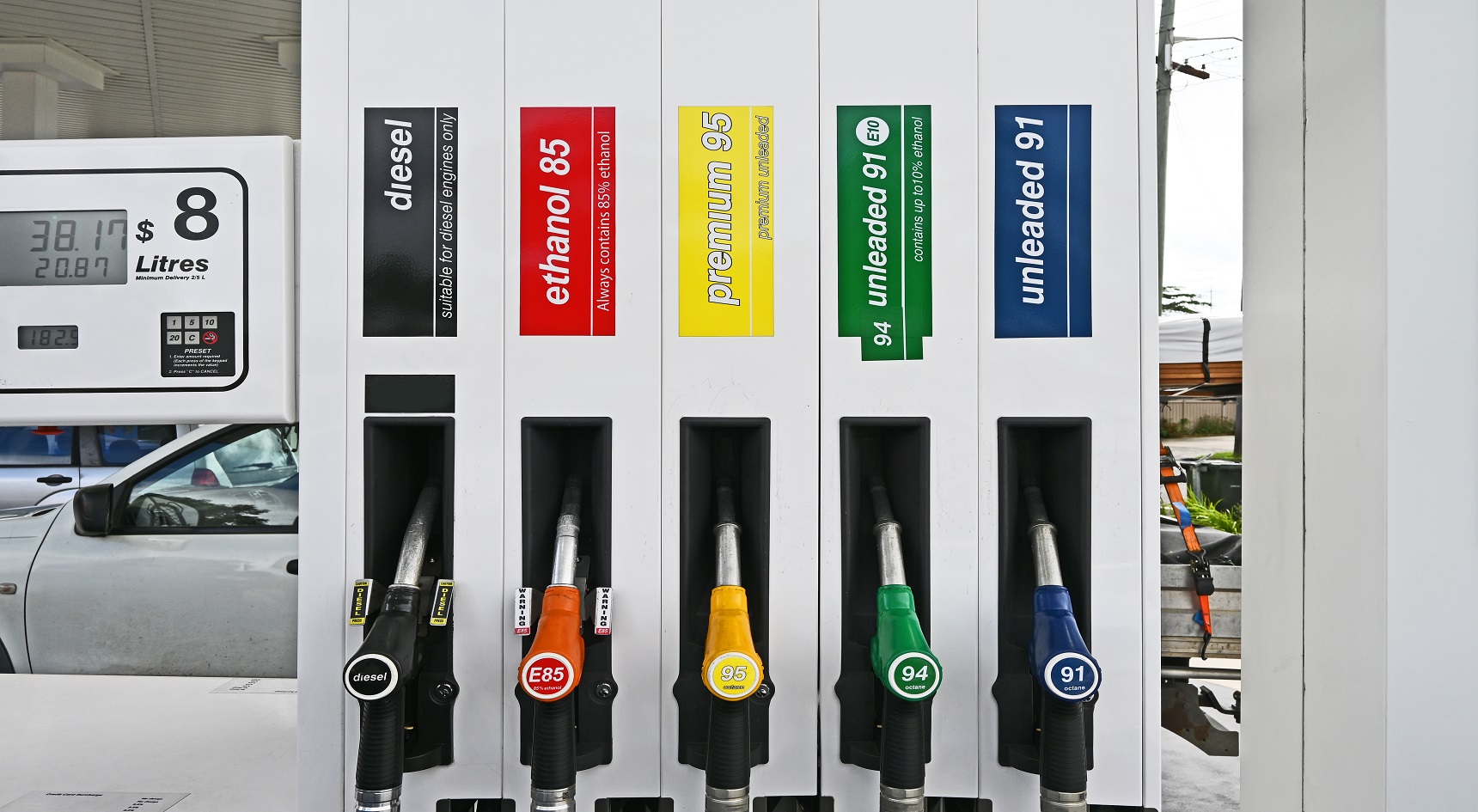 Colourful petrol pumps.