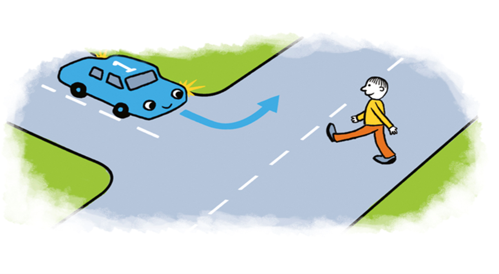 Illustration of pedestrian crossing the road, as blue car attempts to turn left onto the road.
