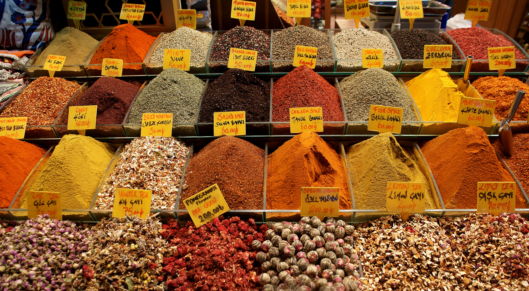 Piles of spices stacked up in at the Egyptian Market in Istanbul.