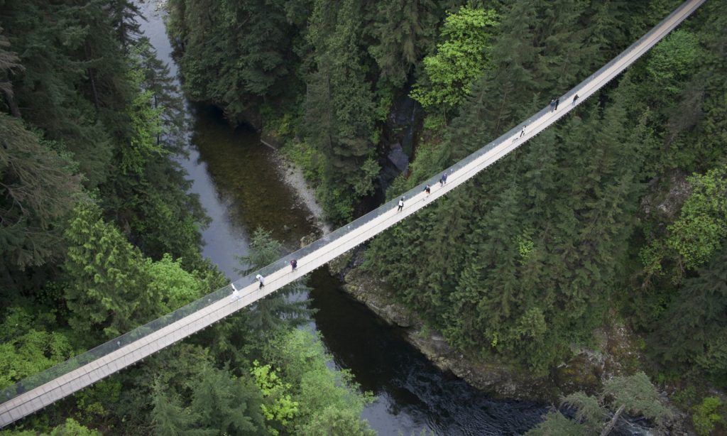 Aerial view of the Capilano Suspension Bridge stretching above water with green forest on either side