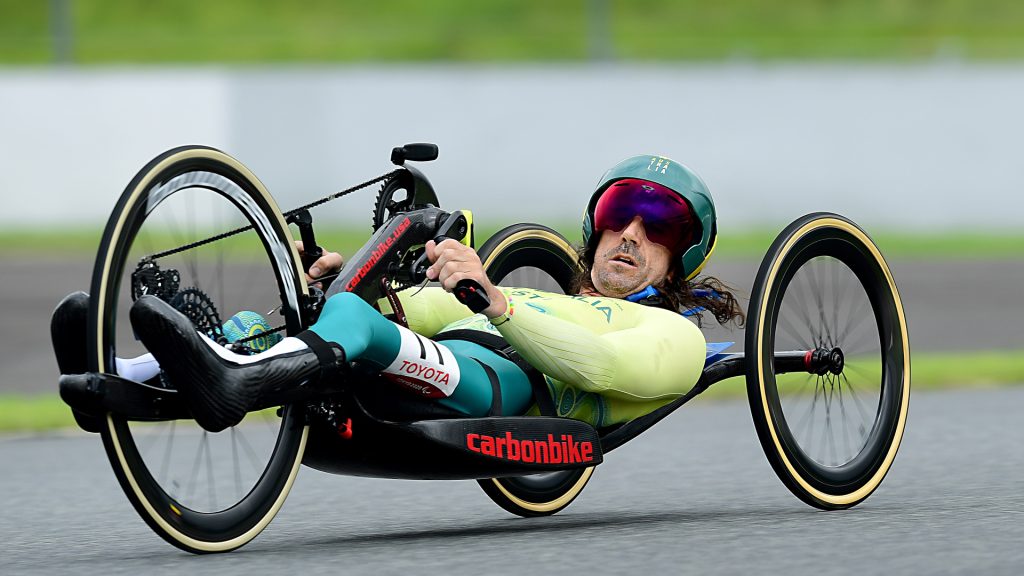 Grant Allen competing at the 2020 Tokyo Paralympic Games on his custom-made para-cycle