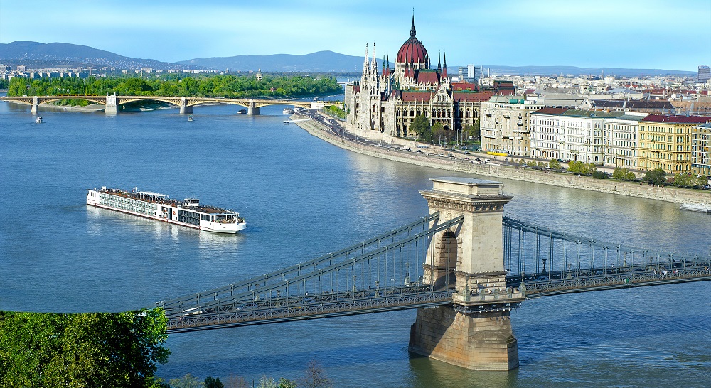 Viking ship on the river in Hungary.