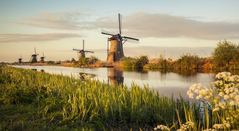 Windmills and river in Kinderdijk. Netherlands.