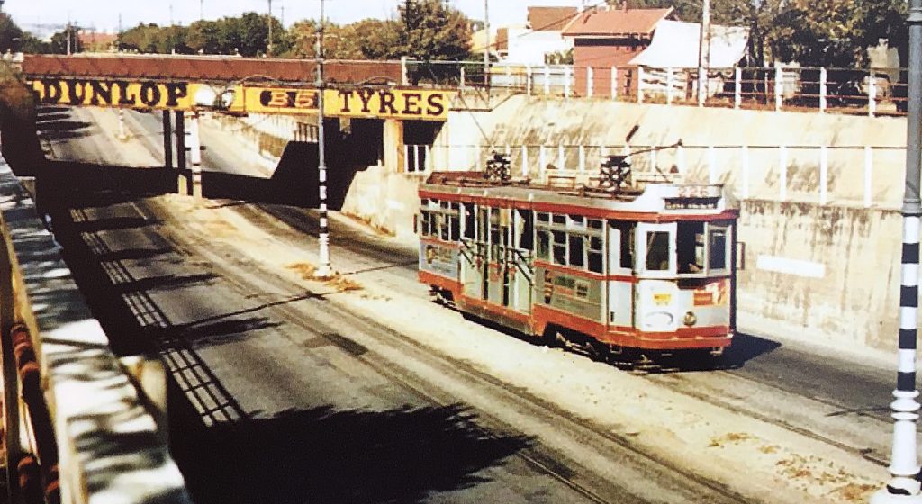 Type 'F' tram at Millswood underpass on Goodwood Road.