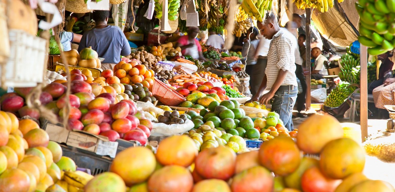 A colourful fruit market in Nairobi.