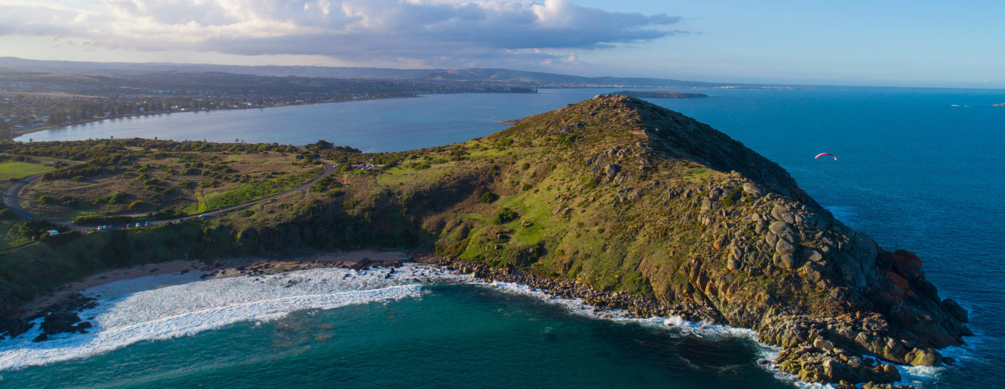 View from the air of The Bluff in Encounter Bay.
